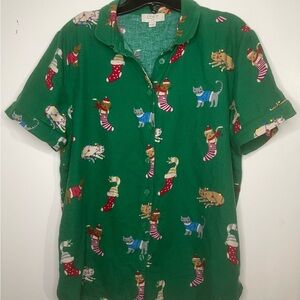 LOFT Holiday Pajama Top – Dark Green w/ Festive Cats